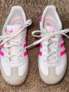 adidas Women’s White Sneakers with Hot Pink Stripes